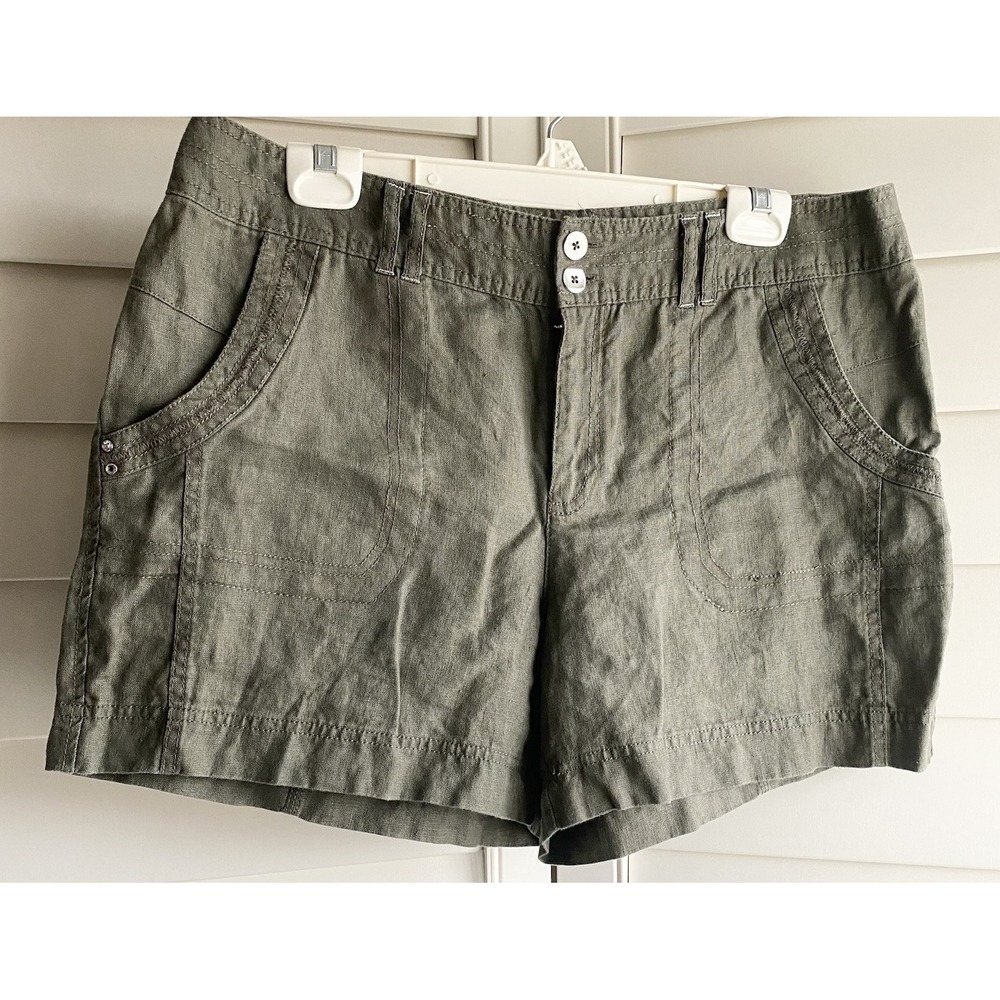 INC International Concepts Women 12 Olive Green 100% Linen Shorts Rhinestone